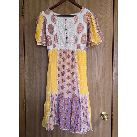 Anthropologie Melody Lace Trim Button Front Tie Back Patchwork Dress - Picture 2 of 12